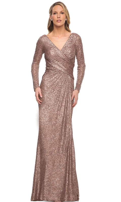 "Mermaid - style wedding dresses for women for a dramatic look"La Femme 30310 - Sequined Long Sleeves V-Neck Gown