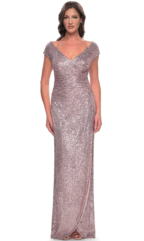 "Wrap dresses for women for an adjustable fit"La Femme 30865 - Ruched Sequin Evening Dress "Wrap dresses for women for an adjustable fit"La Femme 30865 - Ruched Sequin Evening Dress