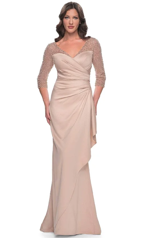 "Simple wedding dresses for women who prefer understated elegance"La Femme 31011 - Illusion Satin Evening Gown "Simple wedding dresses for women who prefer understated elegance"La Femme 31011 - Illusion Satin Evening Gown
