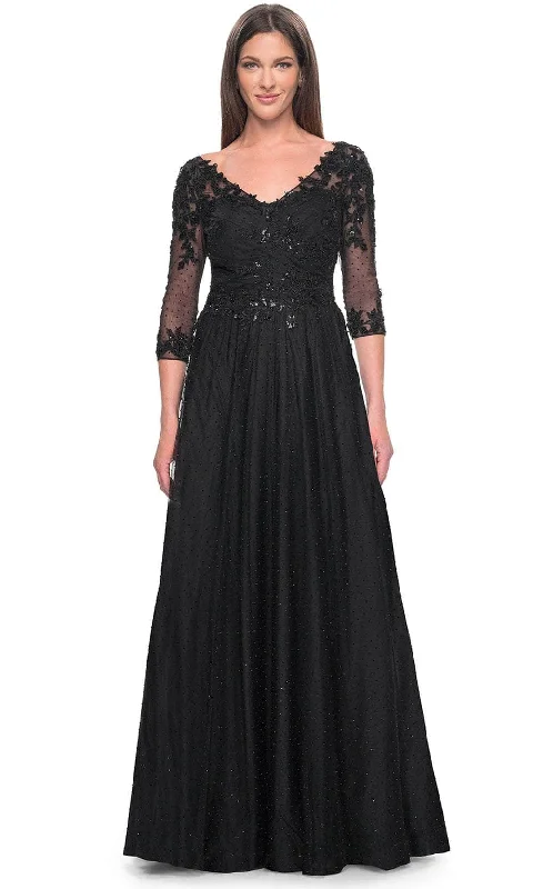 "Mother of the groom dresses for women in sophisticated designs"La Femme 31776 - Embroidered V-Neck Evening Dress