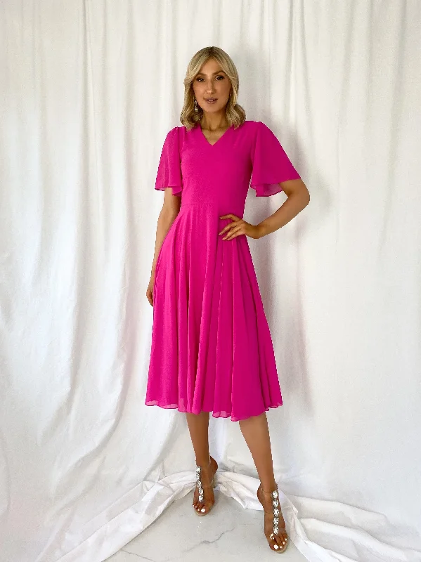 Clearance Sale: Women's Dresses Lily Pleated Midi Dress - Fuchsia