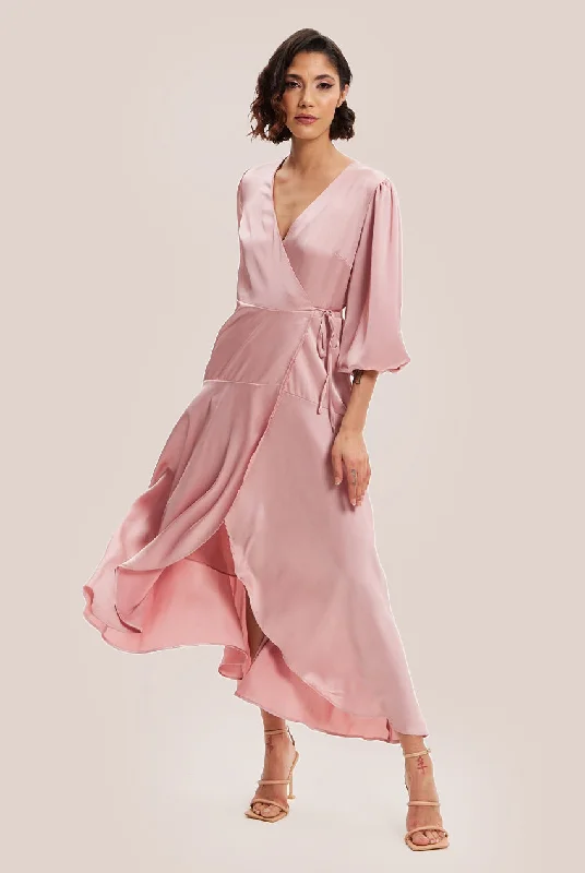 "Denim dresses for women for a casual and cool style"Liquorish Pink Midi Wrap Dress With Short Puff Sleeves