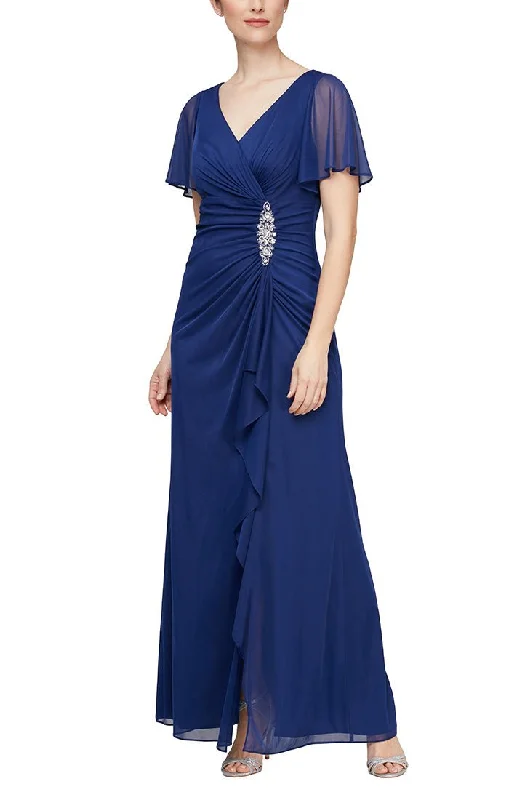 "Graduation dresses for women to celebrate in style"Long Surplice Neckline Mesh Dress with Flutter Sleeves, Embellishment at Hip and Cascade Skirt Detail "Graduation dresses for women to celebrate in style"Long Surplice Neckline Mesh Dress with Flutter Sleeves, Embellishment at Hip and Cascade Skirt Detail