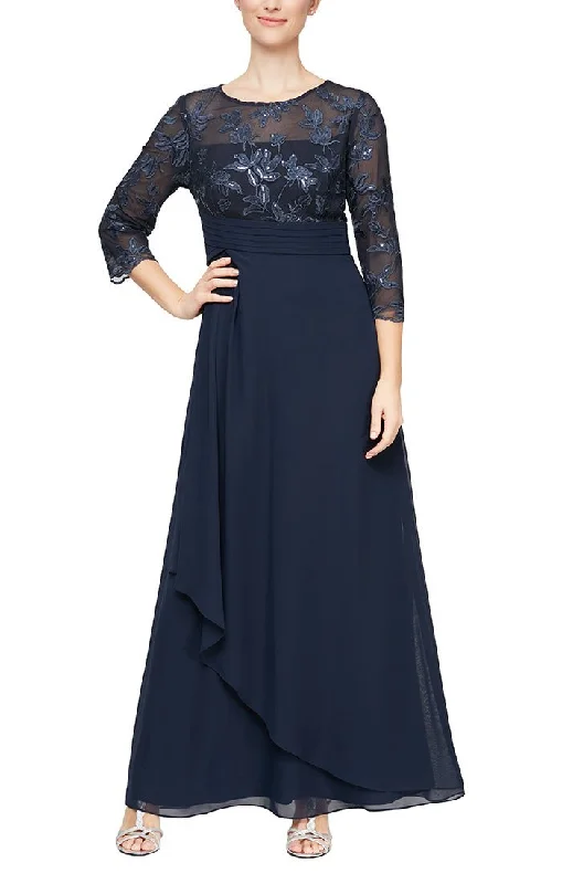 "Bodycon dresses for women to show off curves"Long 3/4 Sleeve Gown with Embroidered Bodice, Pleated Waist and Asymmetric Cascade Skirt "Bodycon dresses for women to show off curves"Long 3/4 Sleeve Gown with Embroidered Bodice, Pleated Waist and Asymmetric Cascade Skirt