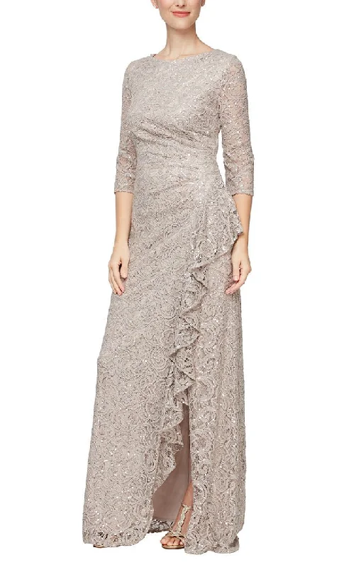 "Midi dresses for women with unique patterns"Sequin Lace Gown with 3/4 Sleeves & Cascade Detail Front Slit "Midi dresses for women with unique patterns"Sequin Lace Gown with 3/4 Sleeves & Cascade Detail Front Slit