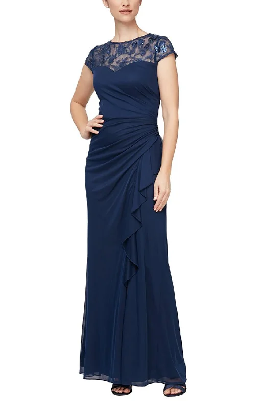 "New Arrivals Discount: 20% Off on Latest Women's Dress Collections"Long Cascade Detail Dress with Embroidered Illusion Neckline and Cap Sleeves "New Arrivals Discount: 20% Off on Latest Women's Dress Collections"Long Cascade Detail Dress with Embroidered Illusion Neckline and Cap Sleeves