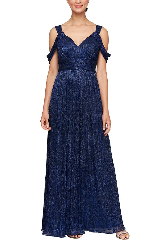 "Plus size formal dresses for women for special events"Long Cold Shoulder Metallic Knit Dress with Ruched Waist