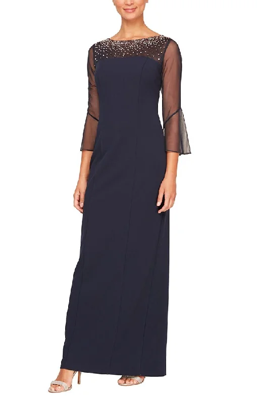 "Animal print dresses for women who love bold styles"Long Column Stretch Crepe Gown with Heat Set Illusion Neckline & Bell Sleeves "Animal print dresses for women who love bold styles"Long Column Stretch Crepe Gown with Heat Set Illusion Neckline & Bell Sleeves