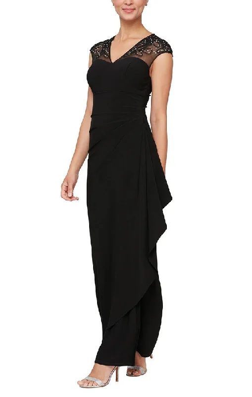 "A - line dresses for women to flatter the figure"Long Empire Waist Dress with Embellished and Embroidered Illusion Neckline/Back Detail and Cascade Detail Skirt "A - line dresses for women to flatter the figure"Long Empire Waist Dress with Embellished and Embroidered Illusion Neckline/Back Detail and Cascade Detail Skirt