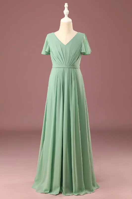 "Shirt dresses for women for a smart - casual style"Long Matcha A-line Chiffon V-neck Short Sleeves Junior Bridesmaid Dress