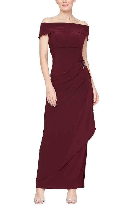"Black tie dresses for women for formal galas"Long Off-the-Shoulder Matte Jersey Dress with Foldover Cuff, Embellishment Detail at Hip and Cascade Ruffle Skirt "Black tie dresses for women for formal galas"Long Off-the-Shoulder Matte Jersey Dress with Foldover Cuff, Embellishment Detail at Hip and Cascade Ruffle Skirt
