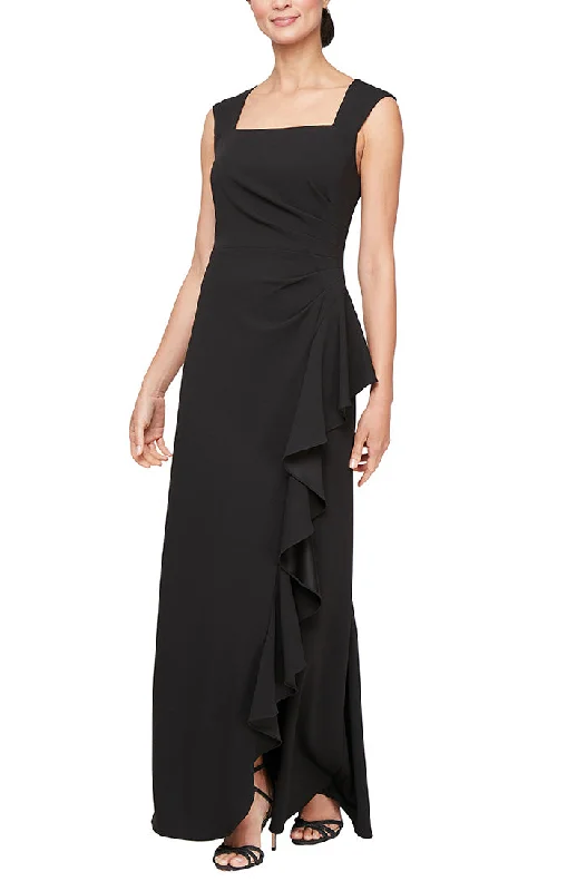 "Homecoming dresses for women to stand out"Long Square Neck Crepe Dress with Cascade Ruffle Detail "Homecoming dresses for women to stand out"Long Square Neck Crepe Dress with Cascade Ruffle Detail