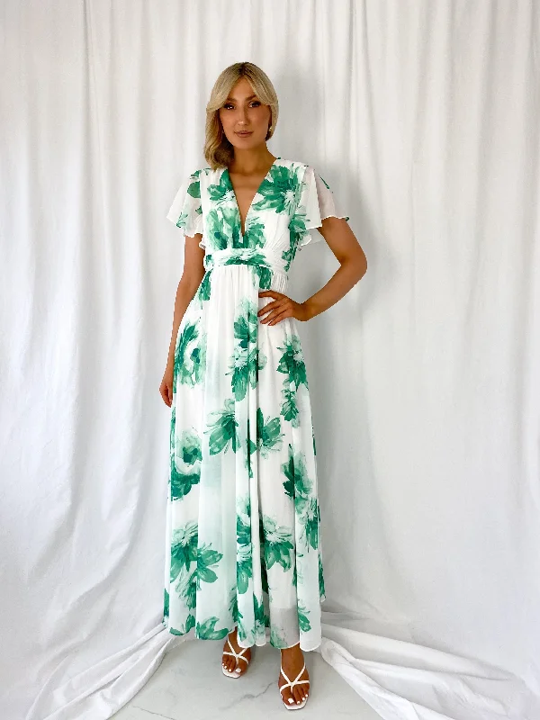 "Trendy casual dresses for women to wear at the beach"Vicky Maxi Floral Dress - White and Green