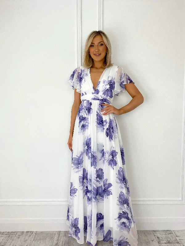 "Black tie dresses for women for formal galas"Vicky Maxi Floral Dress - White and Purple