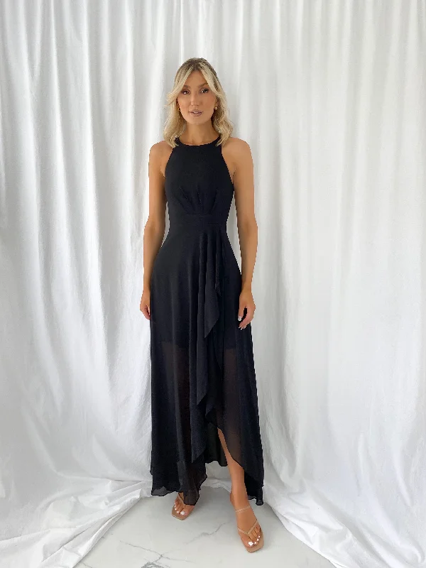 "Beach wedding dresses for women for a laid - back ceremony"Maria Maxi Dress with Ruffle Skirt - Black "Beach wedding dresses for women for a laid - back ceremony"Maria Maxi Dress with Ruffle Skirt - Black