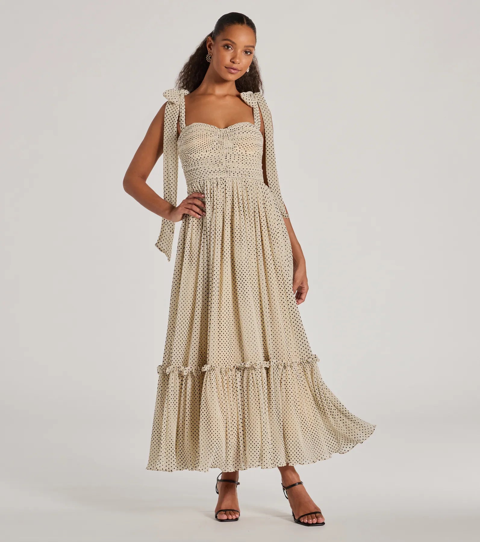 "Chiffon dresses for women with a flowy and light feel"Marnie Sweetheart Tie Strap Polka Dot Formal Midi Dress "Chiffon dresses for women with a flowy and light feel"Marnie Sweetheart Tie Strap Polka Dot Formal Midi Dress