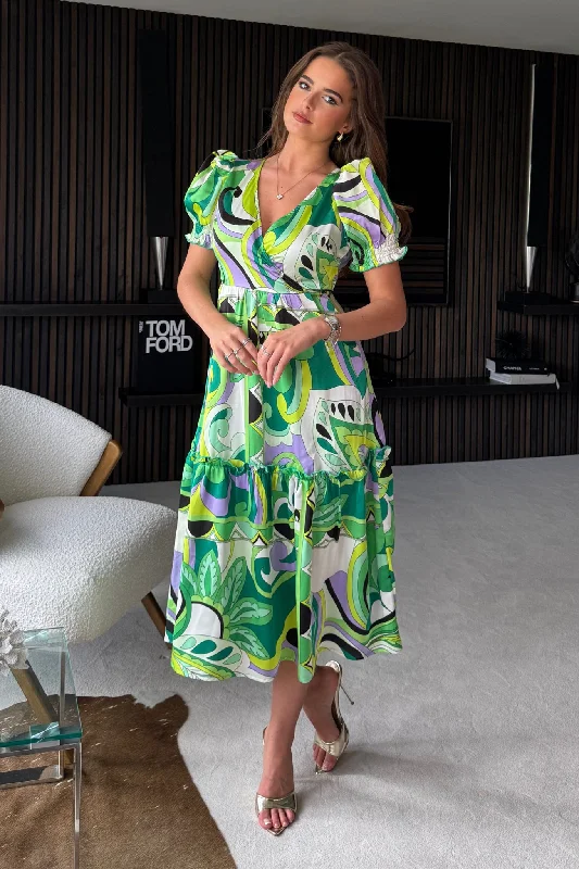 "Beaded dresses for women for a glamorous look"Maya Green Paisley Wrap Tiered Midi Dress "Beaded dresses for women for a glamorous look"Maya Green Paisley Wrap Tiered Midi Dress