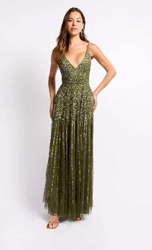 "Sequined dresses for women to shine at parties"Olive Green Embellished Maxi Dress