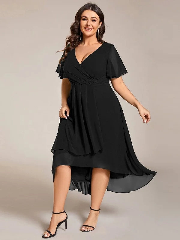 "Comfortable maternity dresses for pregnant women"Plus Size Chiffon Short Sleeves Pleated V-Neck A-Line Midi Wedding Guest Dress