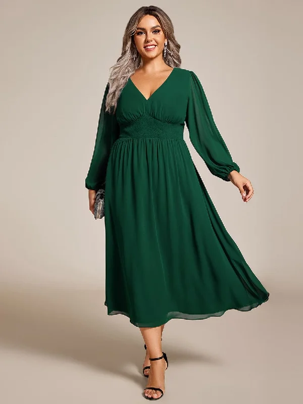 "New Arrivals Discount: 20% Off on Latest Women's Dress Collections"Plus Size Flowy Long Sleeves V-Neck Midi Chiffon Wedding Guest Dress