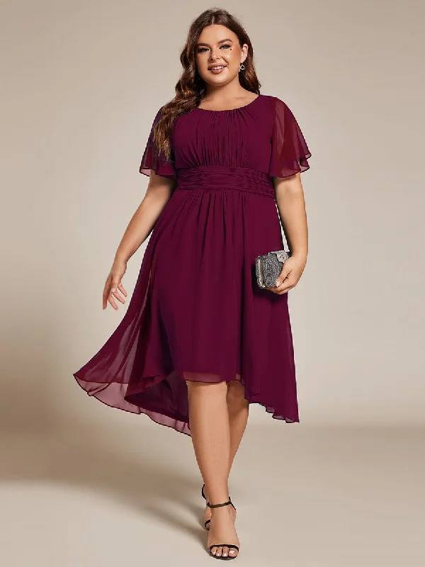 "Maxi dresses for women to wear in the fall"Plus Size Pleated Round Neckline A-Line Midi Chiffon Wedding Guest Dress