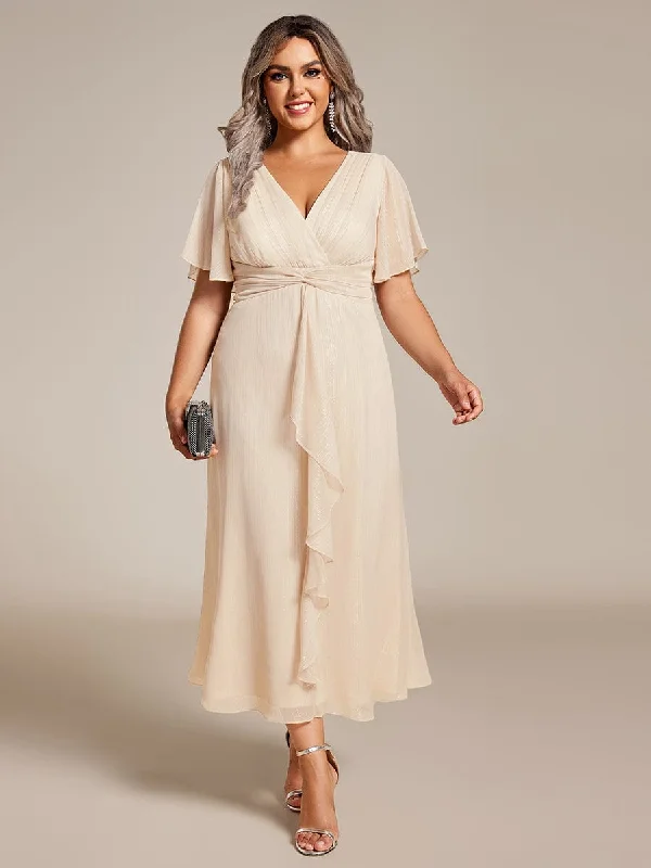 "Stylish cocktail dresses for women on a budget"Plus Size Silver Metallic Fabric V-Neck A-Line Wedding Guest Dress featuring Delicate Ruffled Hem