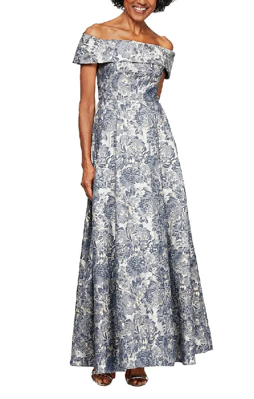 "Sustainable and eco - friendly women's dresses"Printed Brocade Off-the-Shoulder Ballgown "Sustainable and eco - friendly women's dresses"Printed Brocade Off-the-Shoulder Ballgown