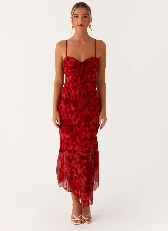 "Pleated dresses for women with a graceful movement"Sally Midi Dress - Deep Red Floral "Pleated dresses for women with a graceful movement"Sally Midi Dress - Deep Red Floral