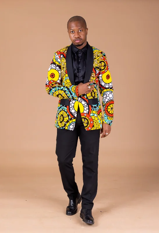 "Off - shoulder dresses for women to show off collarbones"Sarki Ankara Men Blazer | Yellow and White Multicolored African Print