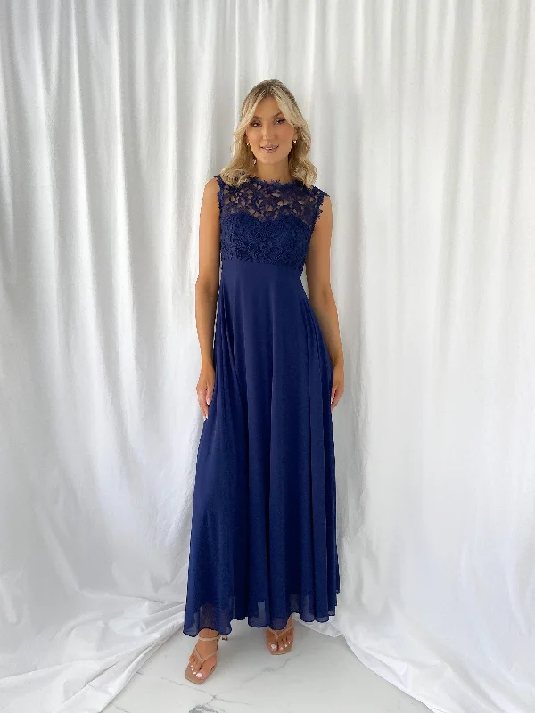 "Sustainable and eco - friendly women's dresses"Savina Maxi Dress with Embroidered Top - Marine "Sustainable and eco - friendly women's dresses"Savina Maxi Dress with Embroidered Top - Marine
