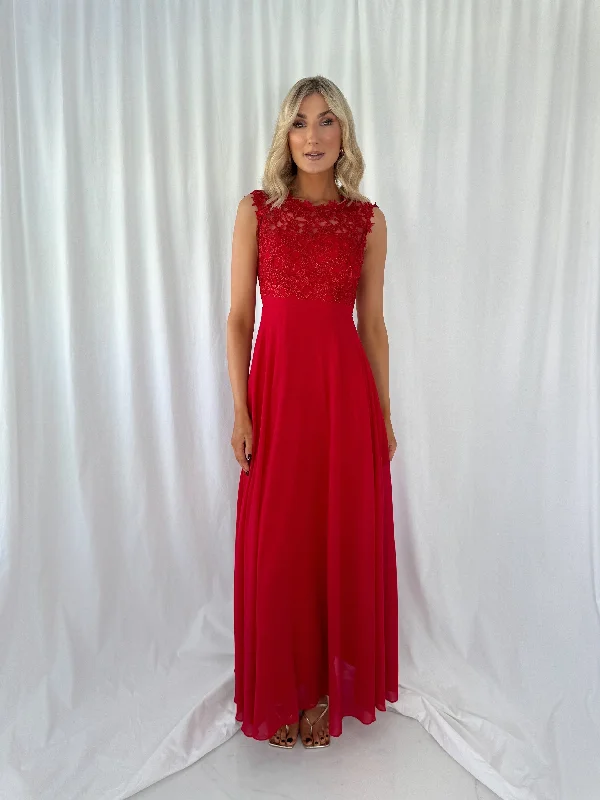 "Work - appropriate dresses for professional women"Savina Maxi Dress with Embroidered Top - Red "Work - appropriate dresses for professional women"Savina Maxi Dress with Embroidered Top - Red