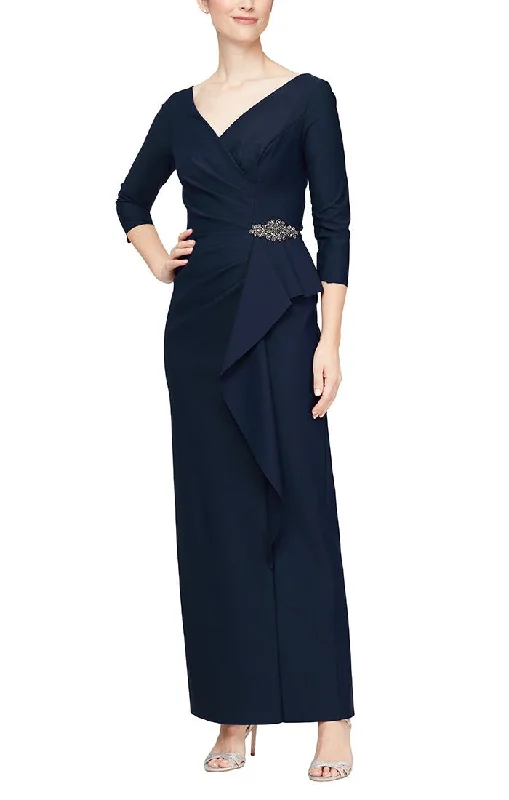 "Plus size formal dresses for women for special events"Sheath Compression Dress with Surplice Neckline & Cascade Ruffle Skirt