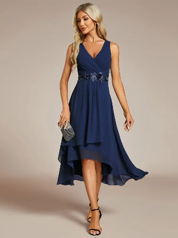 "Trendy casual dresses for women to wear at the beach"Sleeveless V-Neck High Low Wedding Guest Dress with Floral Applique