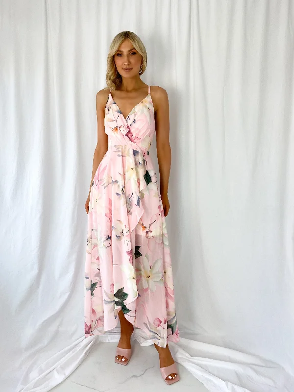 "Satin dresses for women for a luxurious appearance"Daisy Floral Maxi Dress - Pink