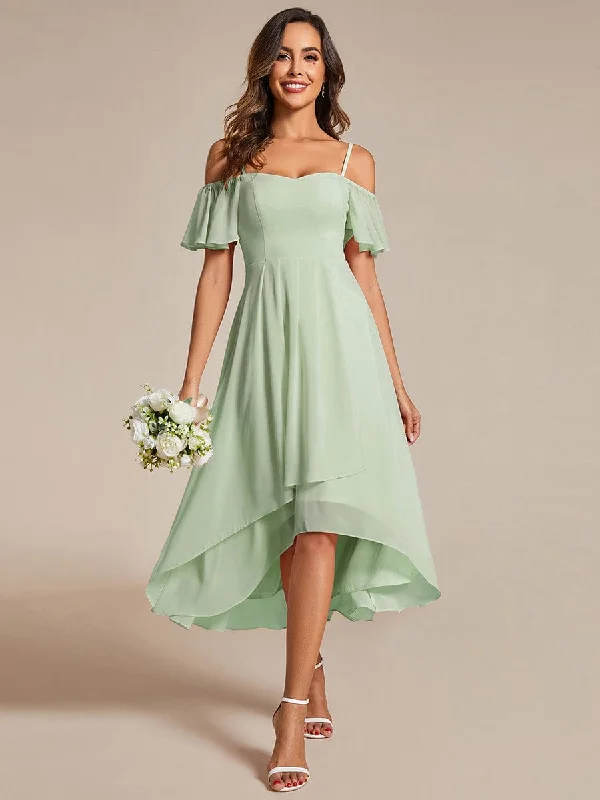 "Polka dot dresses for women with a retro vibe"Spaghetti Strap Cold Shoulder Chiffon A-Line Midi Wedding Guest Dress