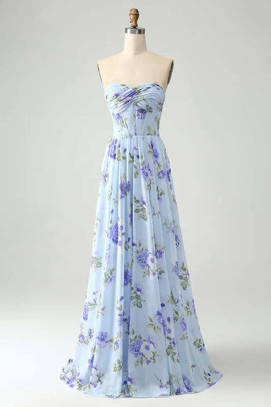 "Vintage - look women's dresses for a retro charm"Blue Floral A Line Sweetheart Strapless Pleated Long Wedding Guest Dress "Vintage - look women's dresses for a retro charm"Blue Floral A Line Sweetheart Strapless Pleated Long Wedding Guest Dress