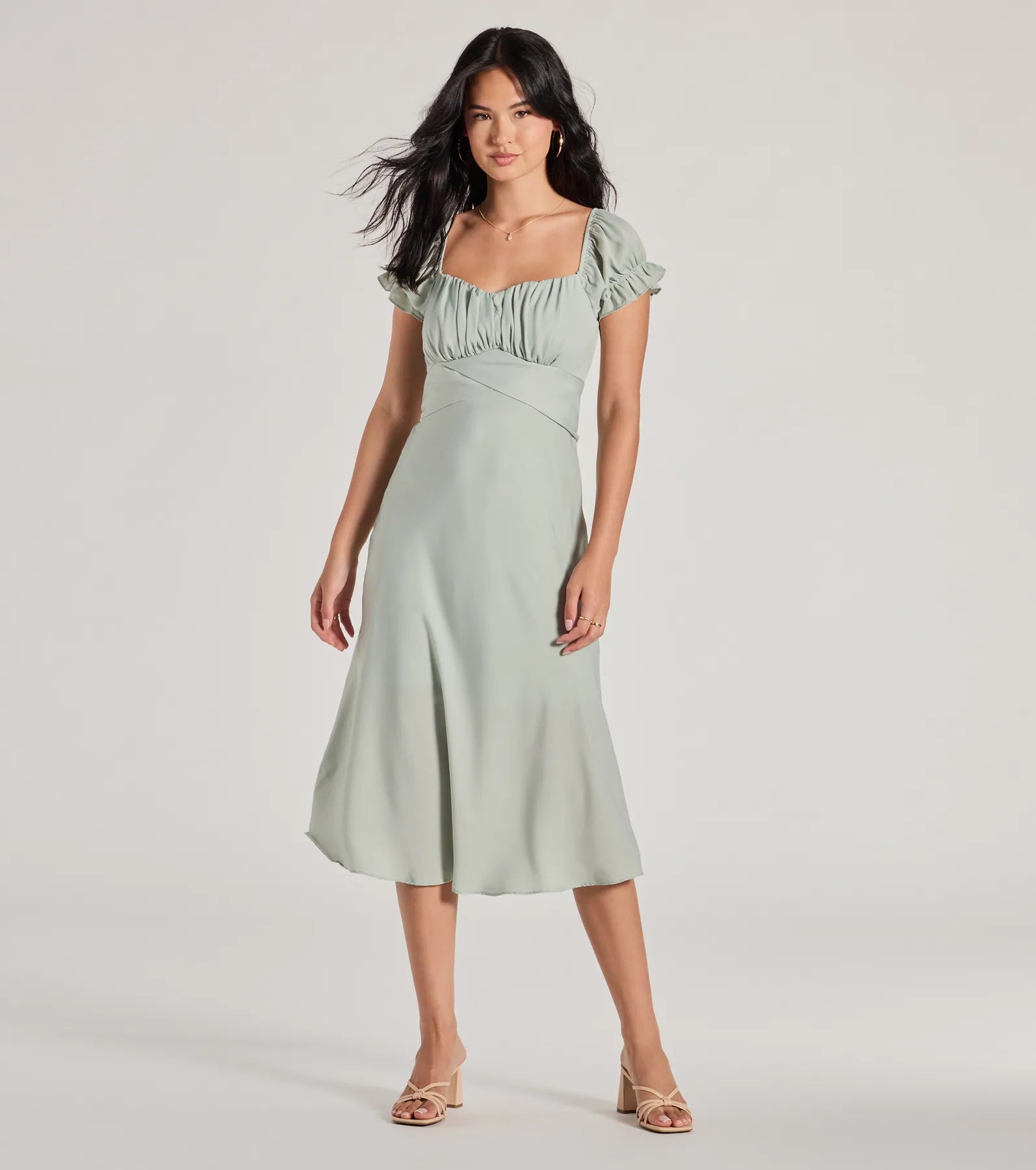 "Satin dresses for women for a luxurious appearance"Sure To Adore Puff Sleeve A-Line Midi Dress "Satin dresses for women for a luxurious appearance"Sure To Adore Puff Sleeve A-Line Midi Dress