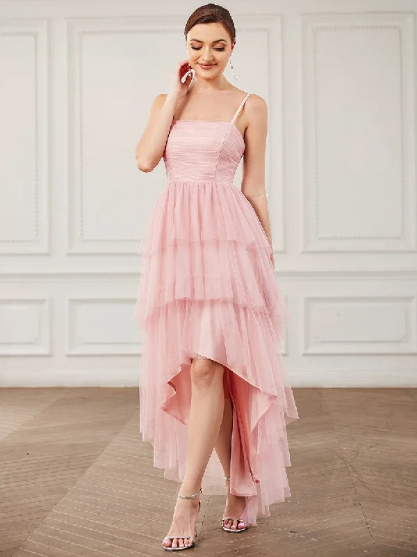 "A - line dresses for women to flatter the figure"Tulle Spaghetti Strap Ruffled High-Low Bridesmaid Dress