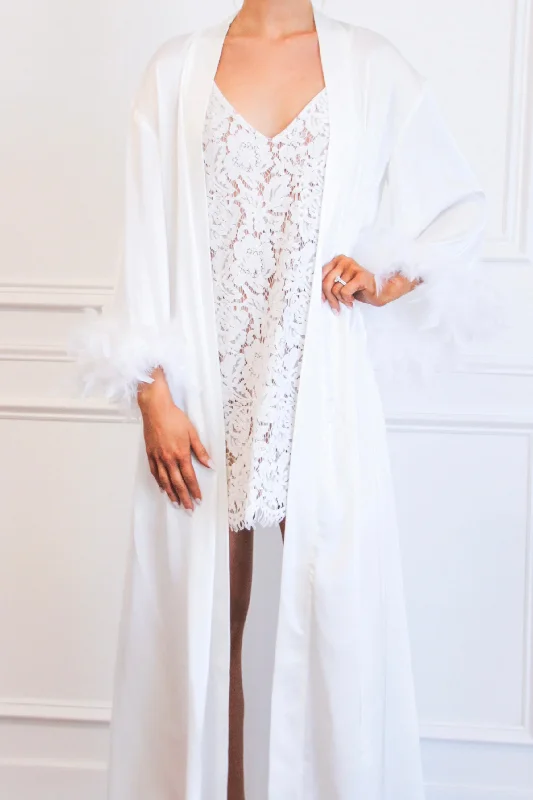 "Sustainable and eco - friendly women's dresses"Wedding Day Satin Feather Long Robe: White