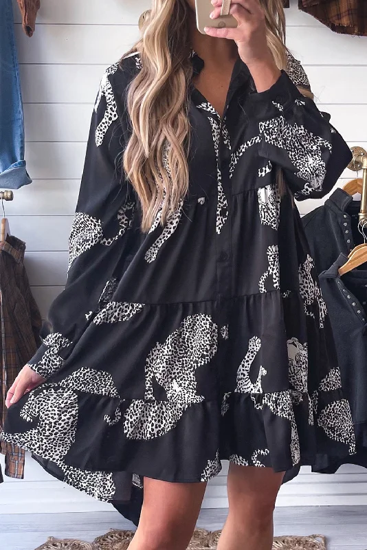 layered mini dressesBlack Leopard Print Button-up Long Sleeve Casual  Dress