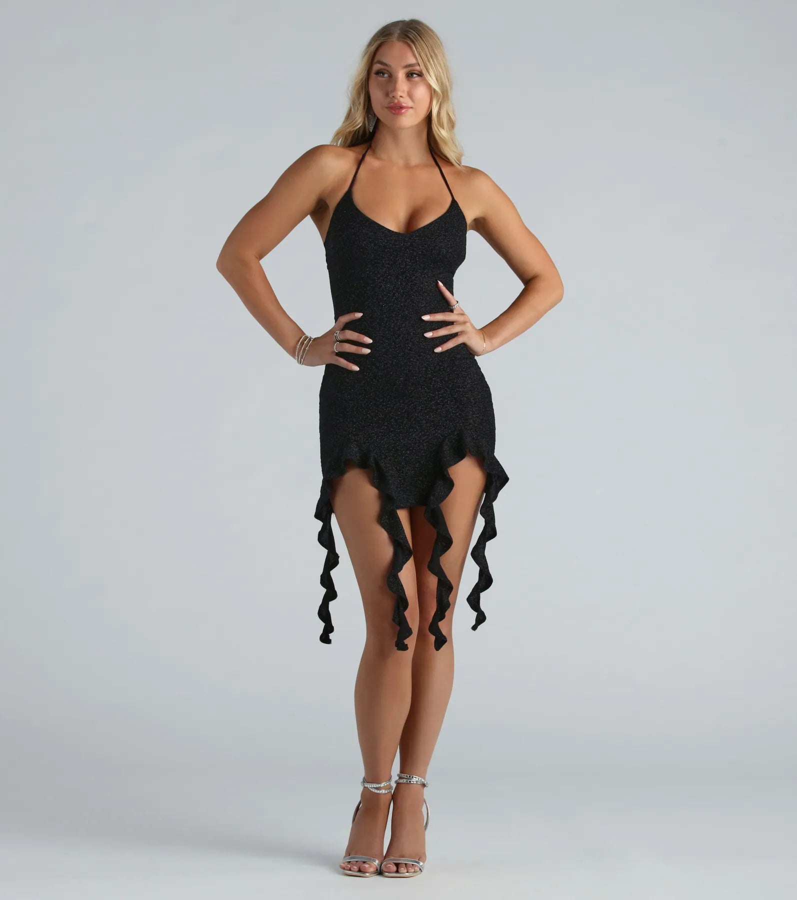 abstract print mini dressesBring The Sparks Glitter Halter Ruffle Mini Dress