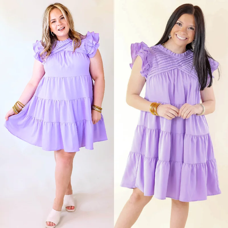 long sleeve mini dressesChic On Scene Ruffle Tiered Dress with Pleated Detailing in Lavender Purple long sleeve mini dressesChic On Scene Ruffle Tiered Dress with Pleated Detailing in Lavender Purple