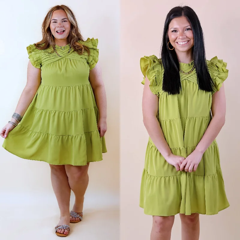 wedding guest mini dressesChic On Scene Ruffle Tiered Dress with Pleated Detailing in Pistachio Green wedding guest mini dressesChic On Scene Ruffle Tiered Dress with Pleated Detailing in Pistachio Green