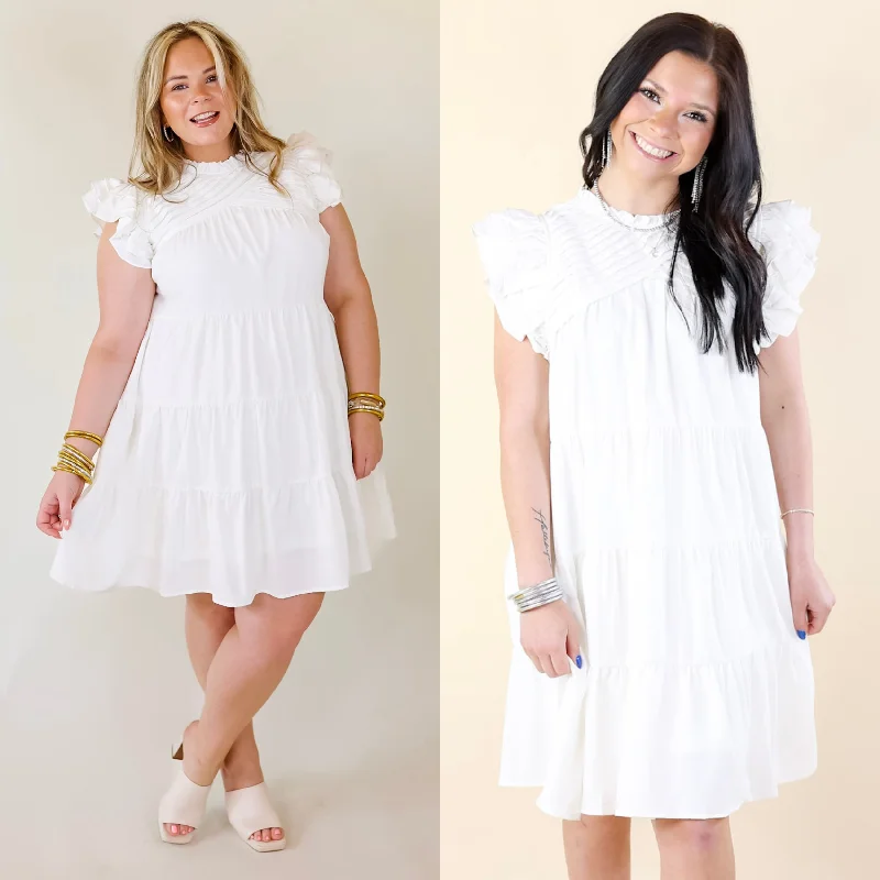 sustainable mini dressesChic On Scene Ruffle Tiered Dress with Pleated Detailing in White