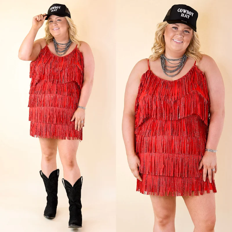 holiday themed mini dressesCowboy Killer Crystal Fringe Dress in Red