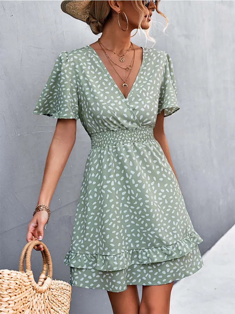 punk mini dressesFashionSierra - V Neck For Women Fashion Floral Slim Short Female Lotus Leaf Sleeve Elegant Mini Dress