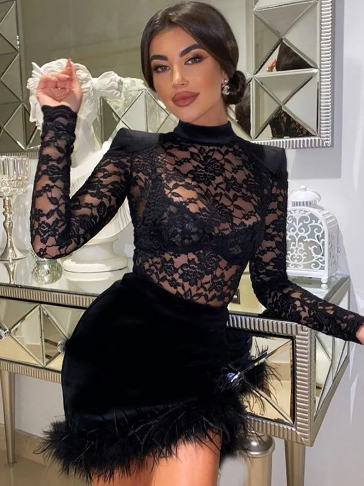 bishop sleeve mini dressesFashionSierra - Lace Print See Through Half High Collar Mini Dress Lace Dress