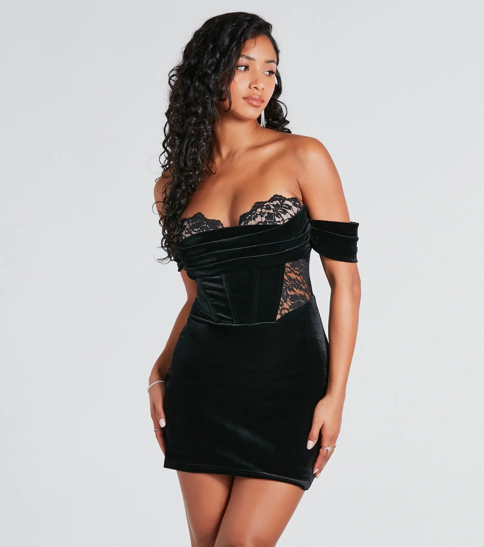 quick dry mini dressesDropping Hints Velvet Lace Bustier Mini Dress