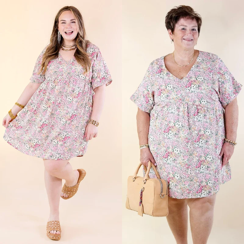 baby girl mini dressesFresh Blossoms Floral Print Babydoll Dress with V Neck in Green