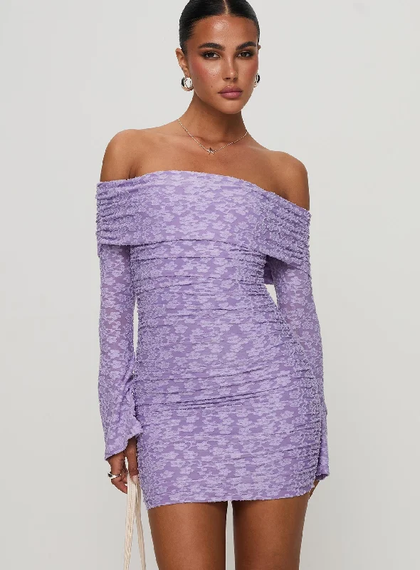 ruched mini dressesIntereste Long Sleeve Mini Dress Purple
